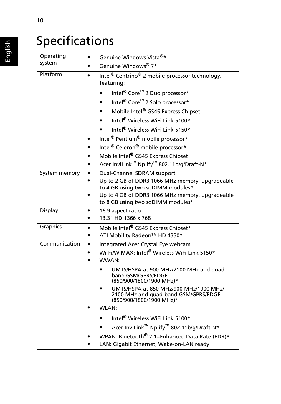 Specifications, English | Acer Aspire 3811TG User Manual | Page 12 / 369