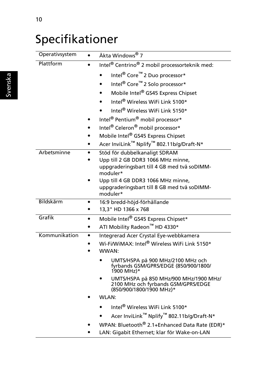 Specifikationer, Sv enska | Acer Aspire 3811TG User Manual | Page 122 / 369