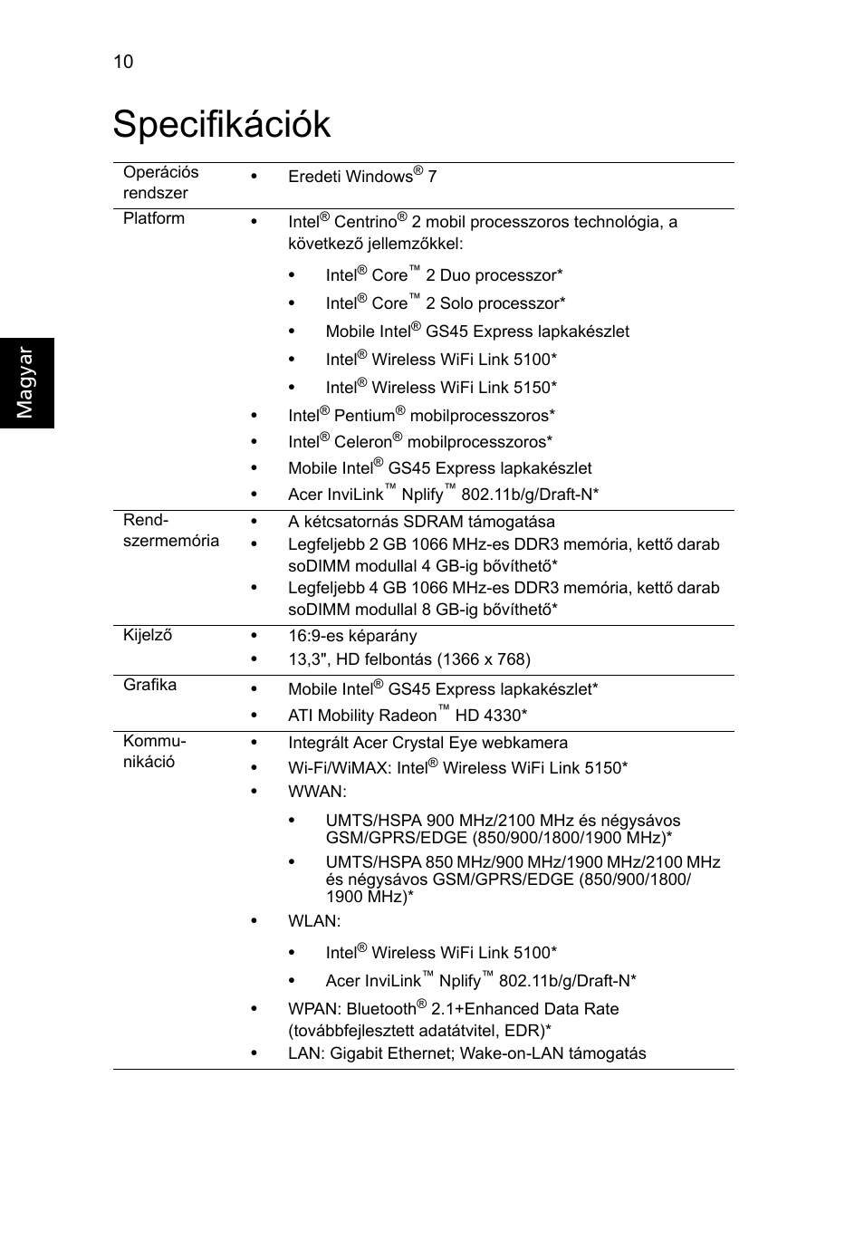 Specifikációk, Magyar | Acer Aspire 3811TG User Manual | Page 170 / 369