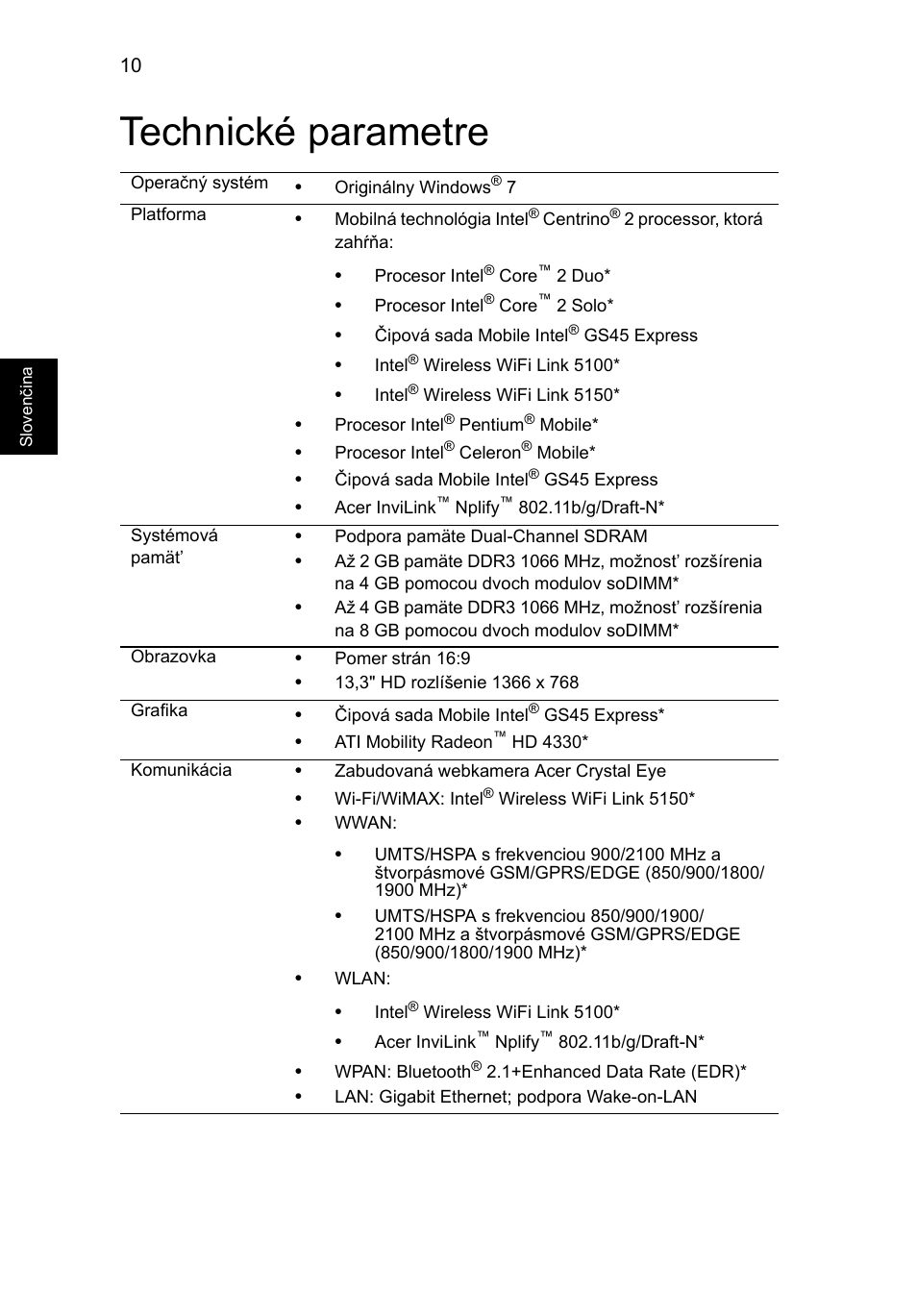 Technické parametre | Acer Aspire 3811TG User Manual | Page 194 / 369