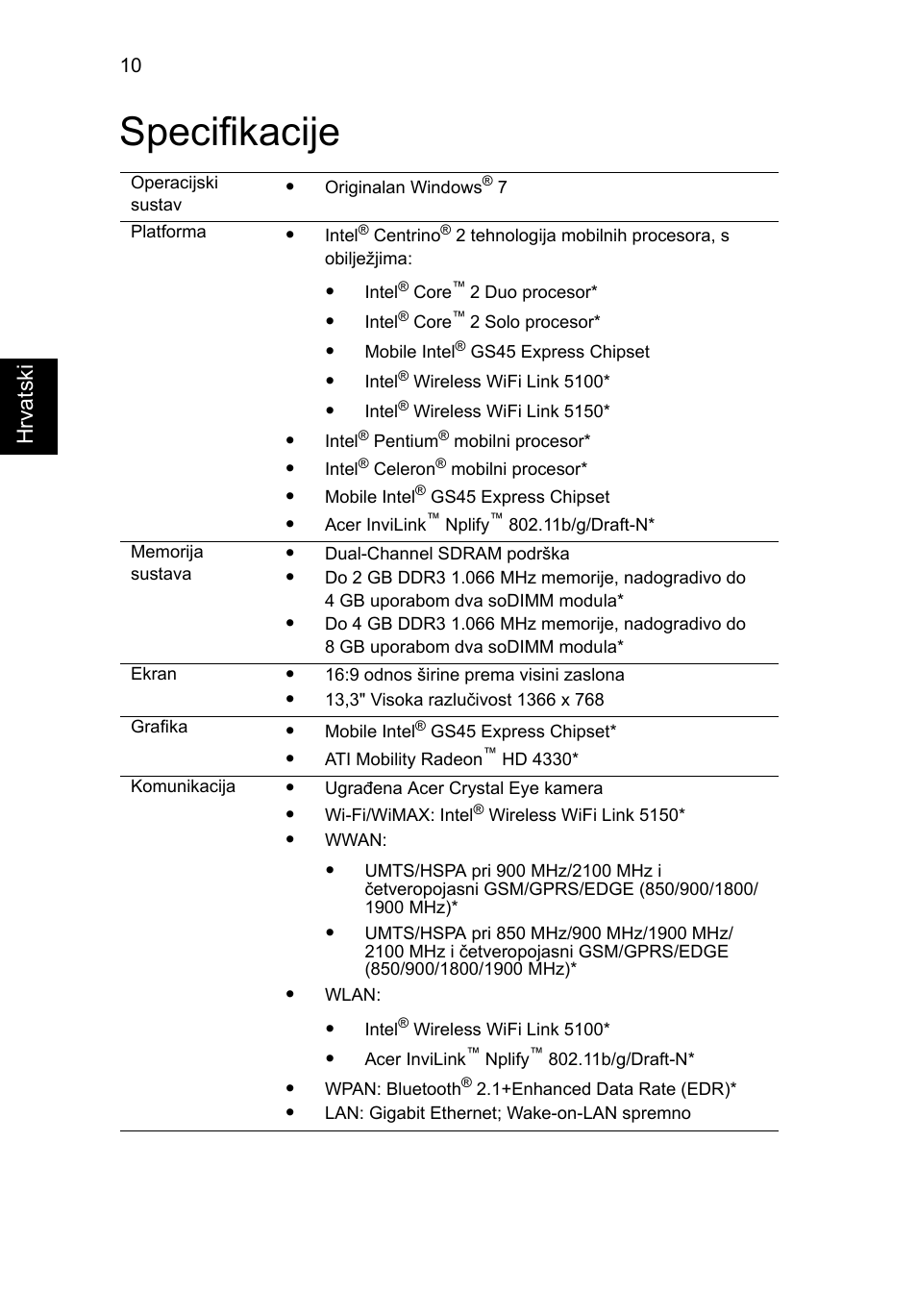 Specifikacije, Hrvats ki | Acer Aspire 3811TG User Manual | Page 218 / 369