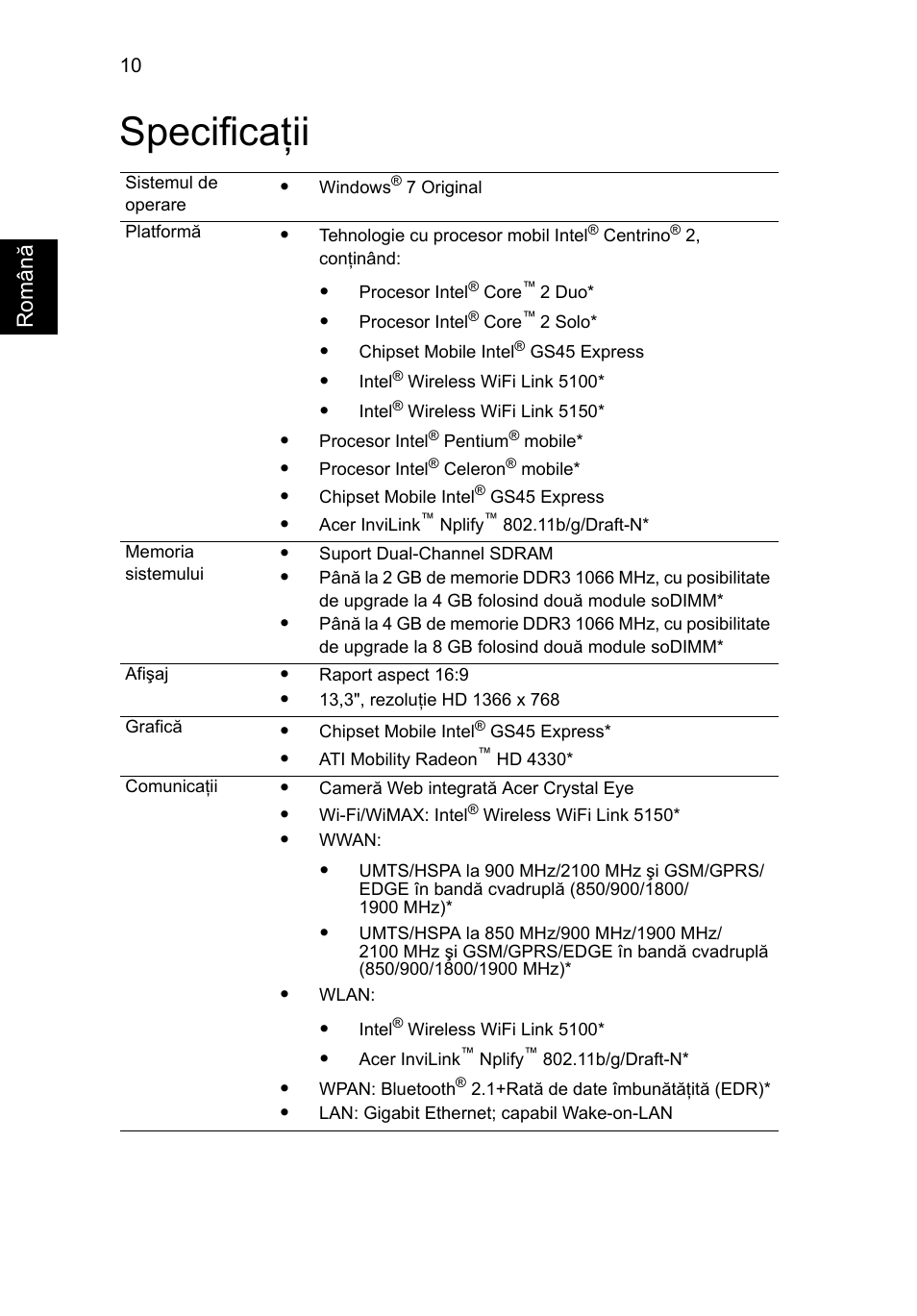 Specificaţii, Român ă | Acer Aspire 3811TG User Manual | Page 230 / 369