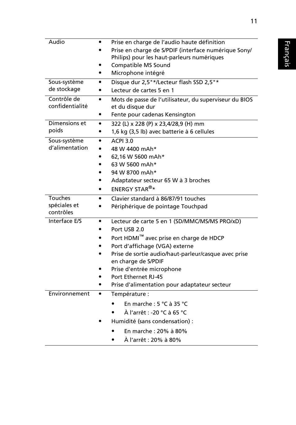 Français | Acer Aspire 3811TG User Manual | Page 25 / 369