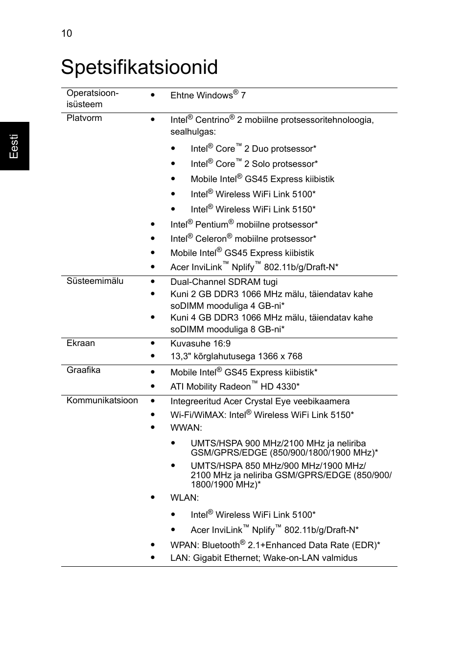 Spetsifikatsioonid, Eesti | Acer Aspire 3811TG User Manual | Page 254 / 369