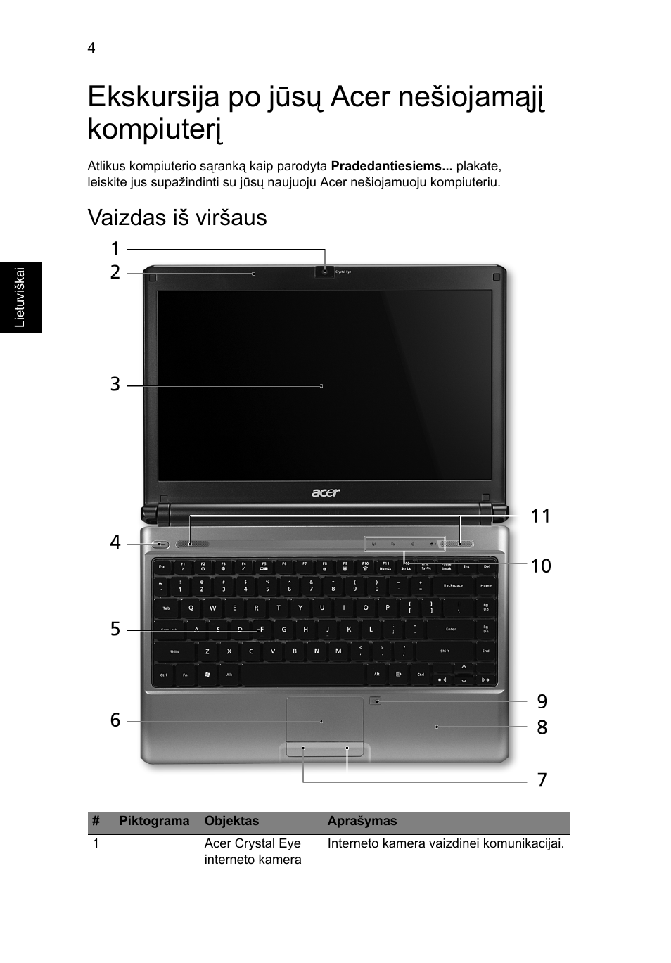 Ekskursija po jūsų acer nešiojamąjį kompiuterį, Vaizdas iš viršaus | Acer Aspire 3811TG User Manual | Page 274 / 369