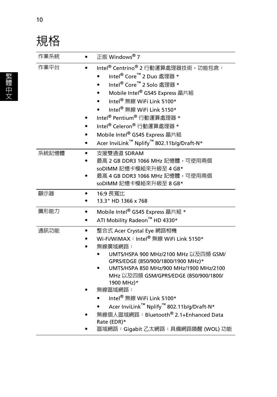 繁 體 中 文 | Acer Aspire 3811TG User Manual | Page 332 / 369