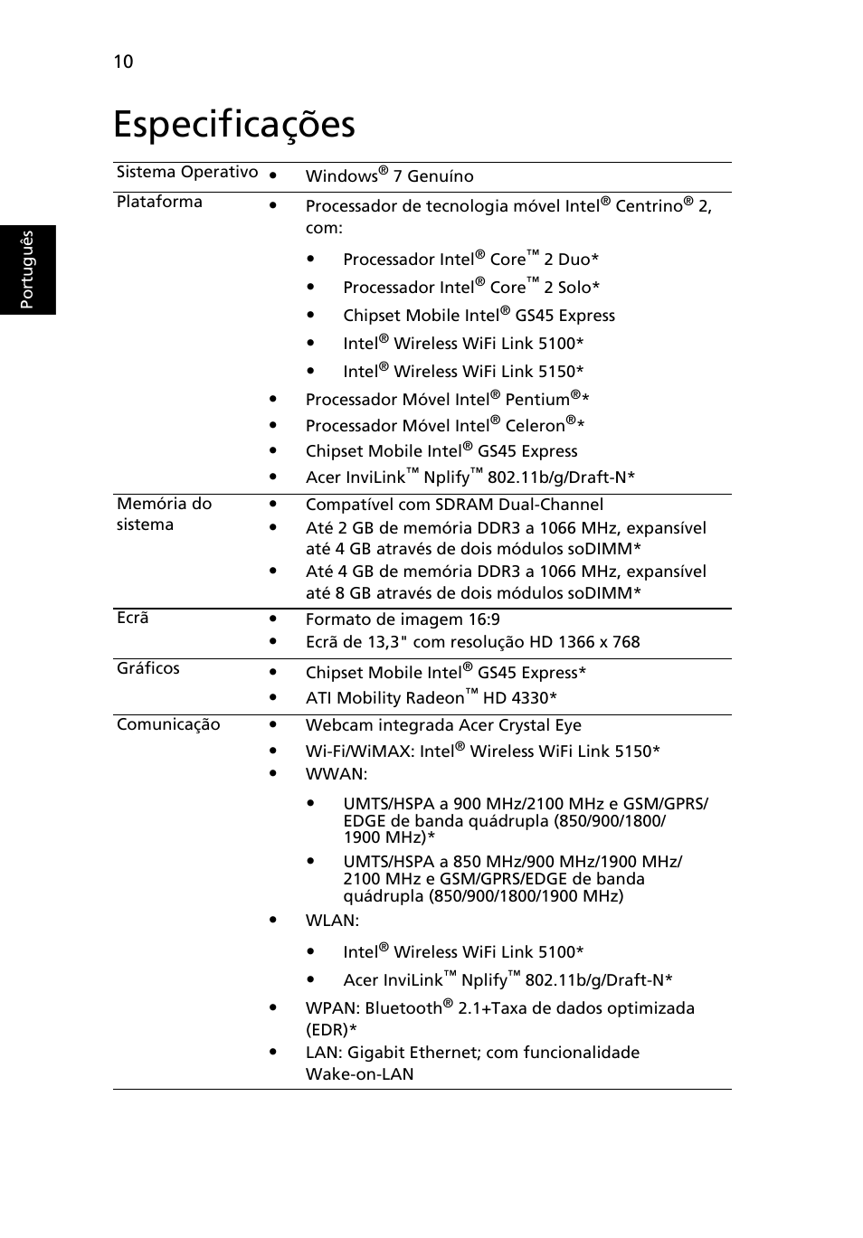Especificações, Port ugu ês | Acer Aspire 3811TG User Manual | Page 74 / 369