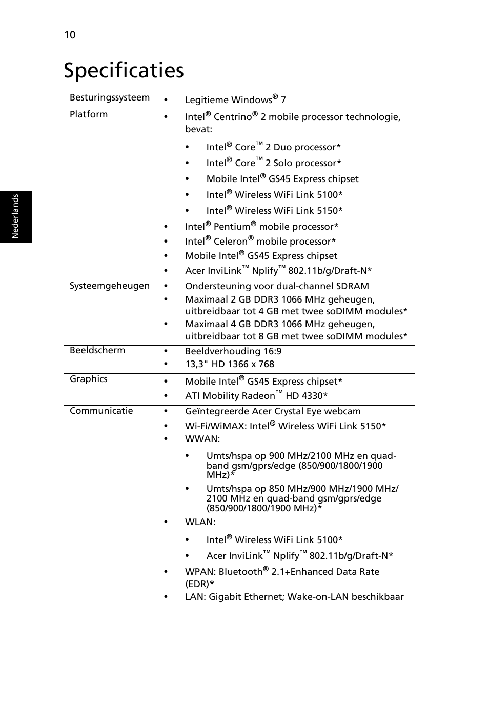Specificaties | Acer Aspire 3811TG User Manual | Page 86 / 369