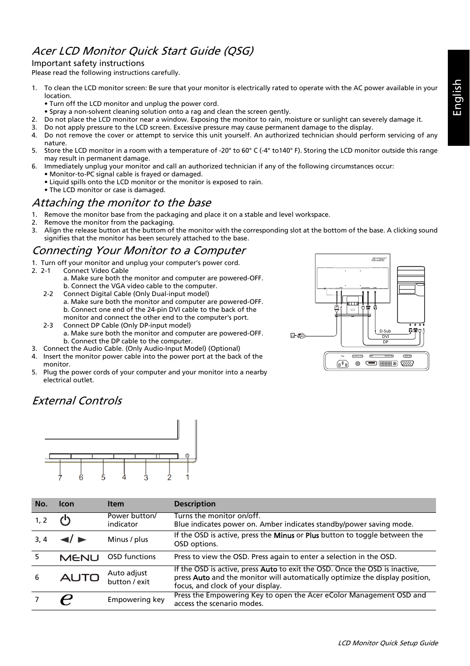 Acer lcd monitor quick start guide (qsg), Attaching the monitor to the base, Connecting your monitor to a computer | External controls, Eng lis h | Acer K242HL User Manual | Page 34 / 72