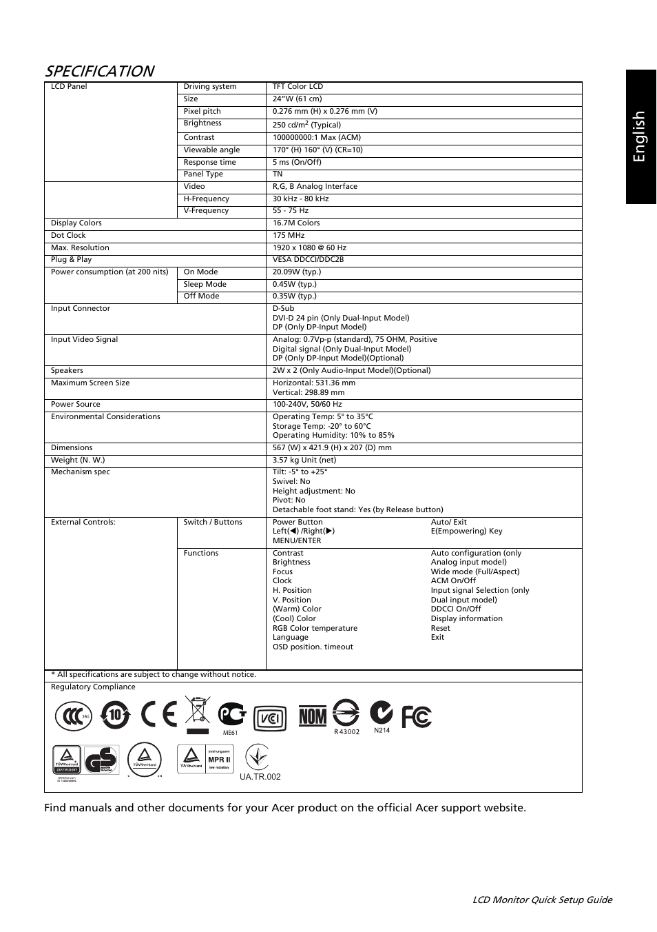 Specification, Eng lis h | Acer K242HL User Manual | Page 36 / 72