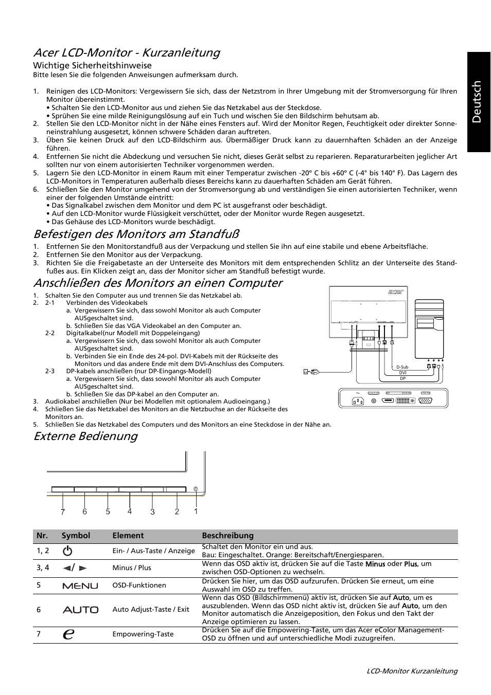 Acer lcd-monitor - kurzanleitung, Befestigen des monitors am standfuß, Anschließen des monitors an einen computer | Externe bedienung, Deutsch, Wichtige sicherheitshinweise | Acer K242HL User Manual | Page 41 / 72