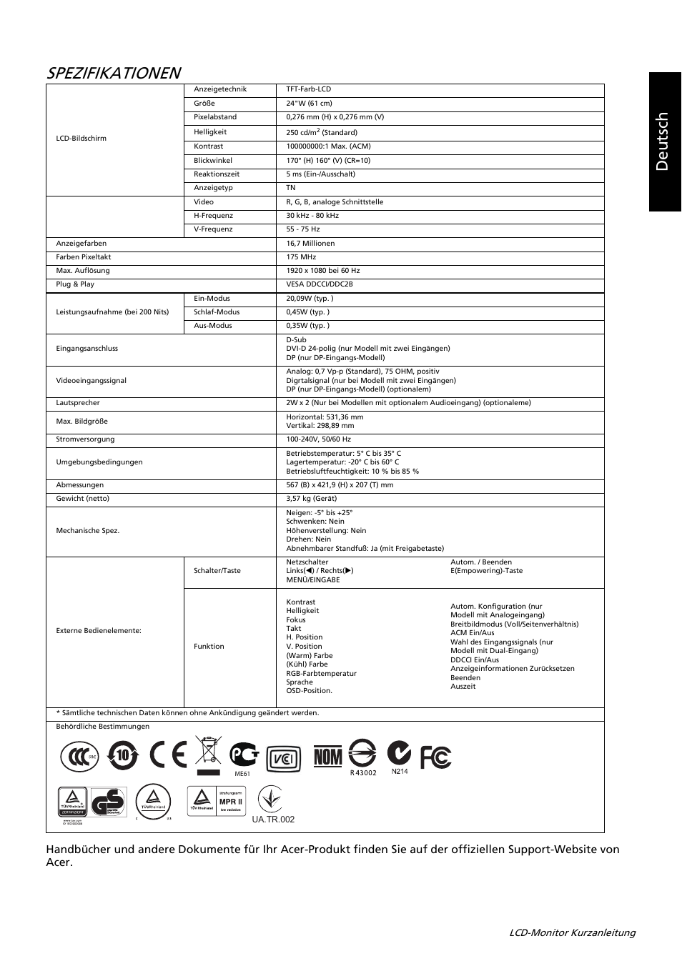 Spezifikationen, Deutsch, Lcd-monitor kurzanleitung | Acer K242HL User Manual | Page 43 / 72