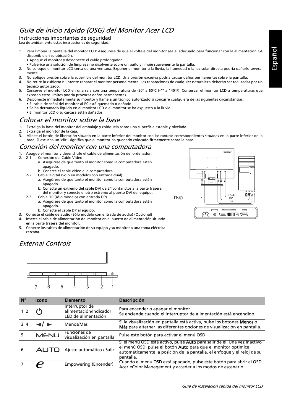 Guía de inicio rápido (qsg) del monitor acer lcd, Colocar el monitor sobre la base, Es paño l | Conexión del monitor con una computadora, External controls, Instrucciones importantes de seguridad | Acer K242HL User Manual | Page 45 / 72