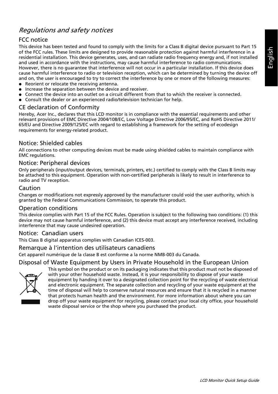 Regulations and safety notices, Eng lis h, Fcc notice | Ce declaration of conformity, Notice: shielded cables, Notice: peripheral devices, Caution, Operation conditions, Notice: canadian users, Remarque à l'intention des utilisateurs canadiens | Acer K242HL User Manual | Page 59 / 72