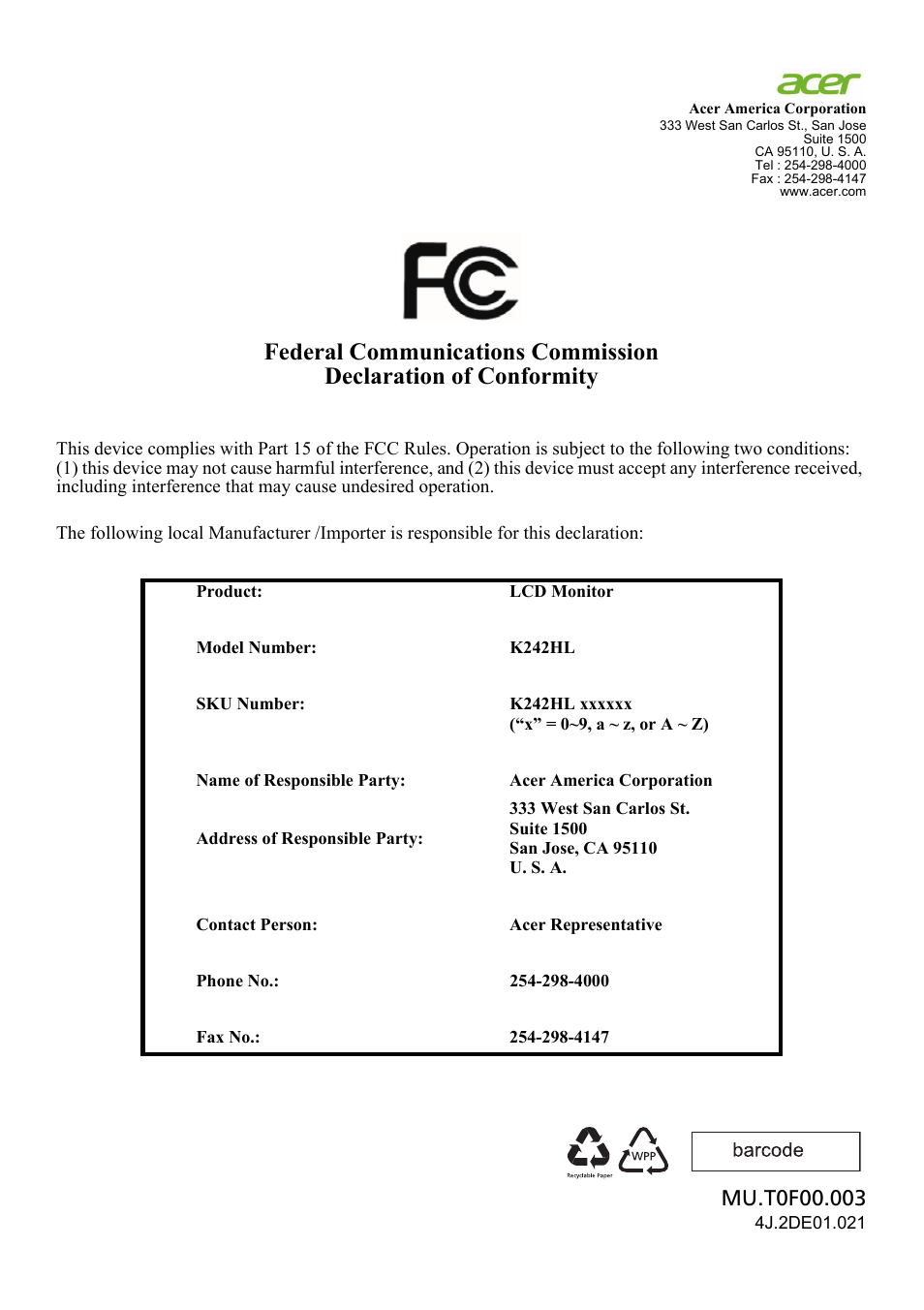 Acer K242HL User Manual | Page 61 / 72