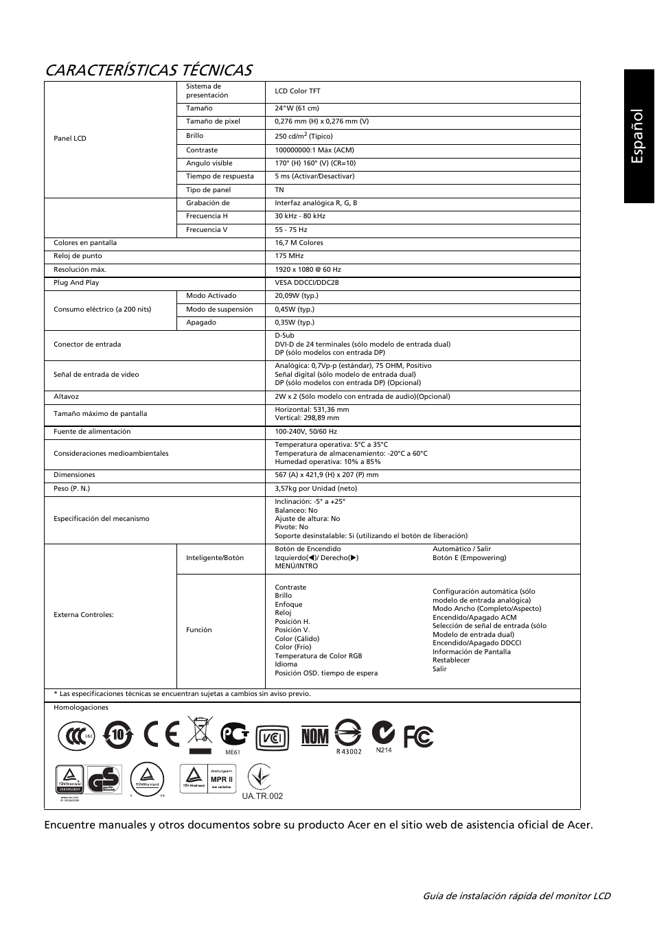 Características técnicas, Es paño l | Acer K242HL User Manual | Page 64 / 72