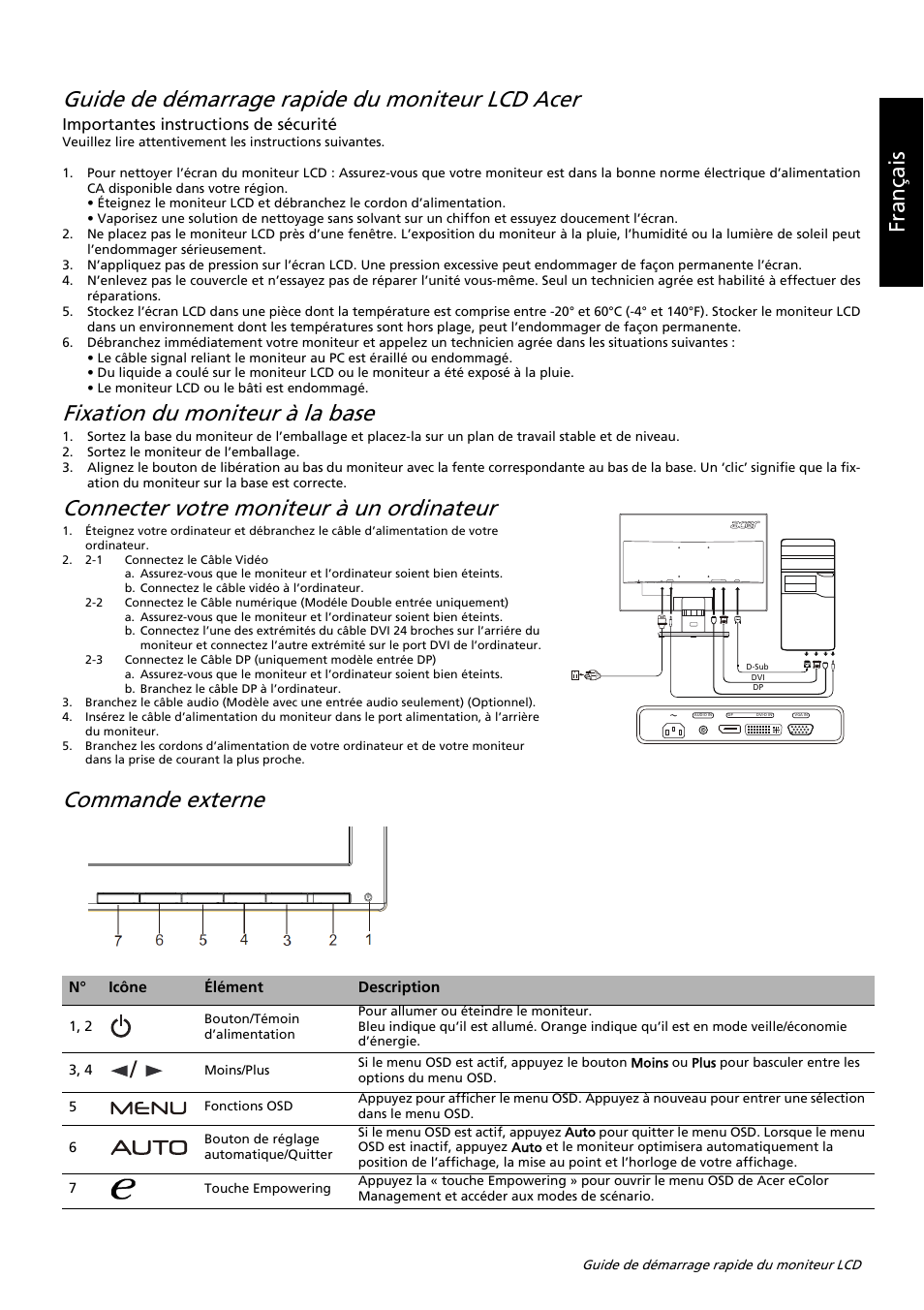 Guide de démarrage rapide du moniteur lcd acer, Fixation du moniteur à la base, Connecter votre moniteur à un ordinateur | Commande externe, Français, Importantes instructions de sécurité | Acer K242HL User Manual | Page 65 / 72