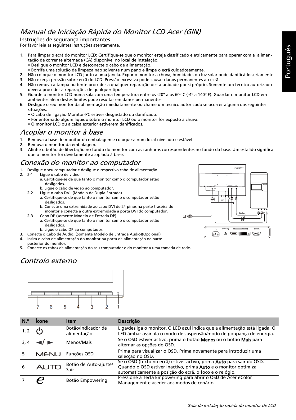 Acoplar o monitor à base, Conexão do monitor ao computador, Controlo externo | Portu guês, Instruções de segurança importantes | Acer K242HL User Manual | Page 68 / 72
