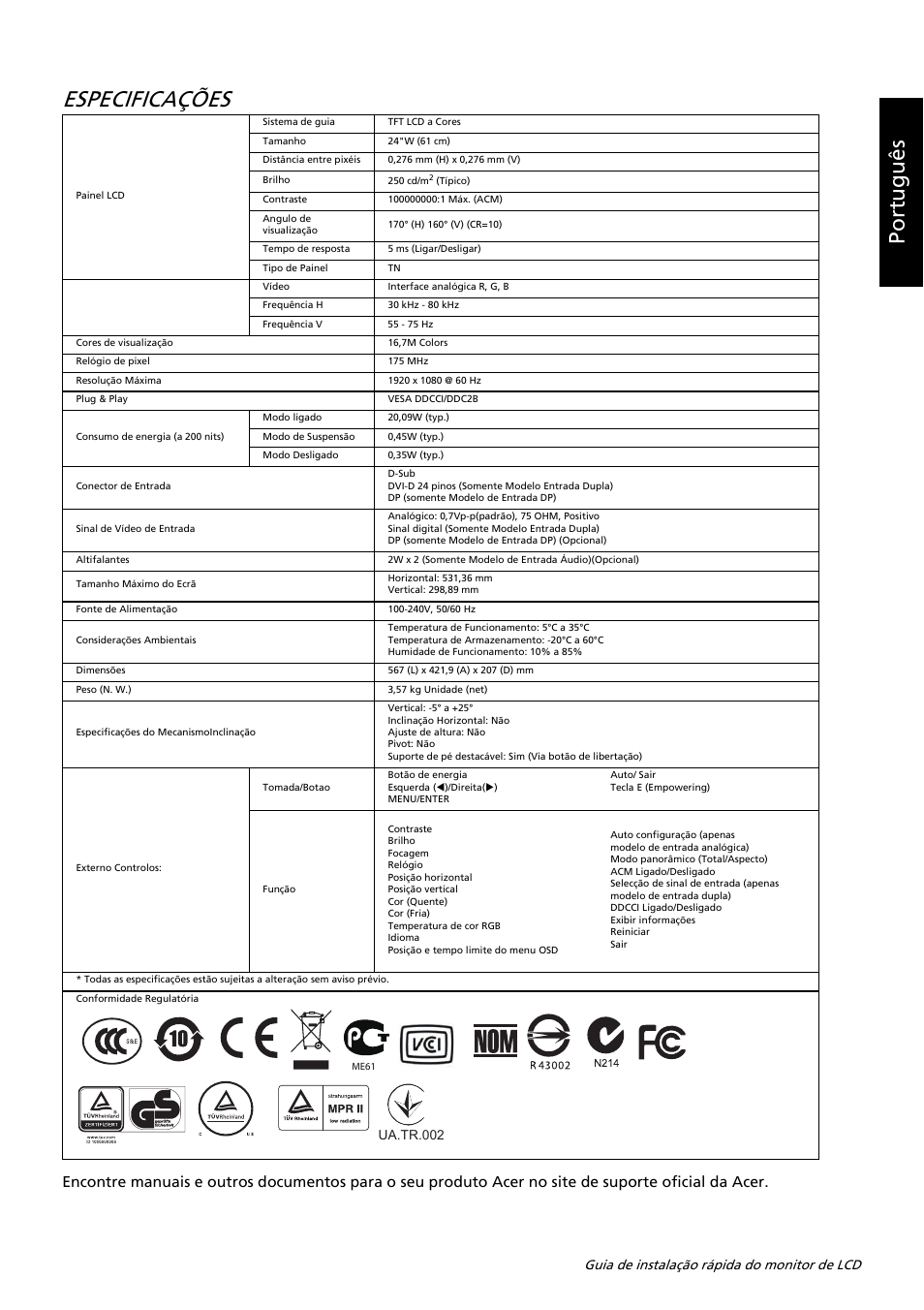 Especificações, Portu guês | Acer K242HL User Manual | Page 69 / 72