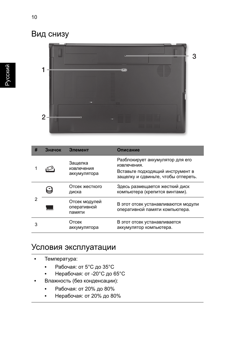 Вид снизу, Условия эксплуатации, Вид снизу условия эксплуатации | Acer Aspire V3-551G User Manual | Page 126 / 306