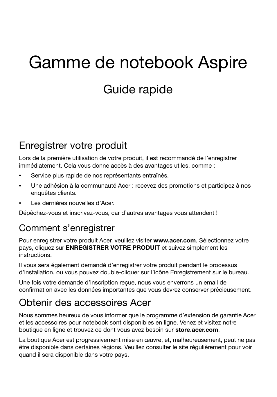 Français, Enregistrer votre produit, Comment s’enregistrer | Obtenir des accessoires acer, Guide rapide | Acer Aspire V3-551G User Manual | Page 13 / 306