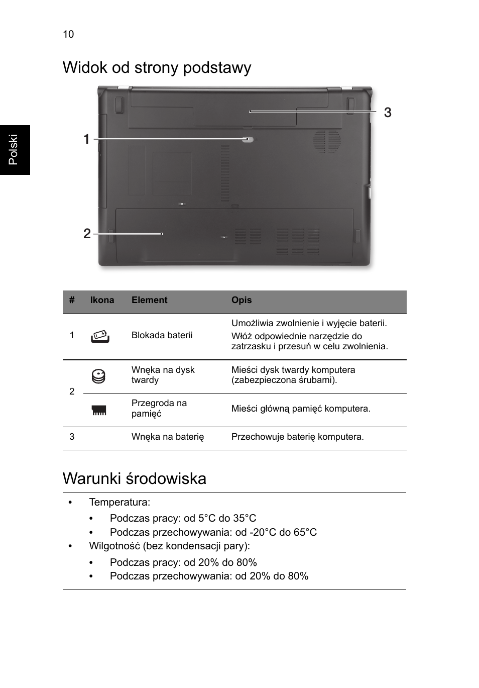 Widok od strony podstawy, Warunki środowiska, Widok od strony podstawy warunki środowiska | Acer Aspire V3-551G User Manual | Page 136 / 306