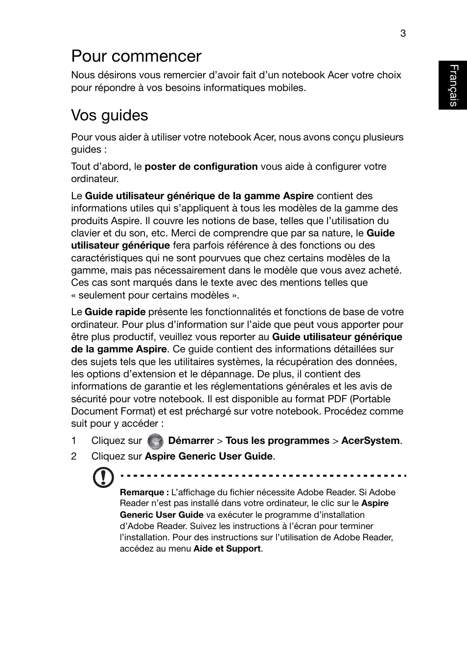 Pour commencer, Vos guides, Français | Acer Aspire V3-551G User Manual | Page 15 / 306