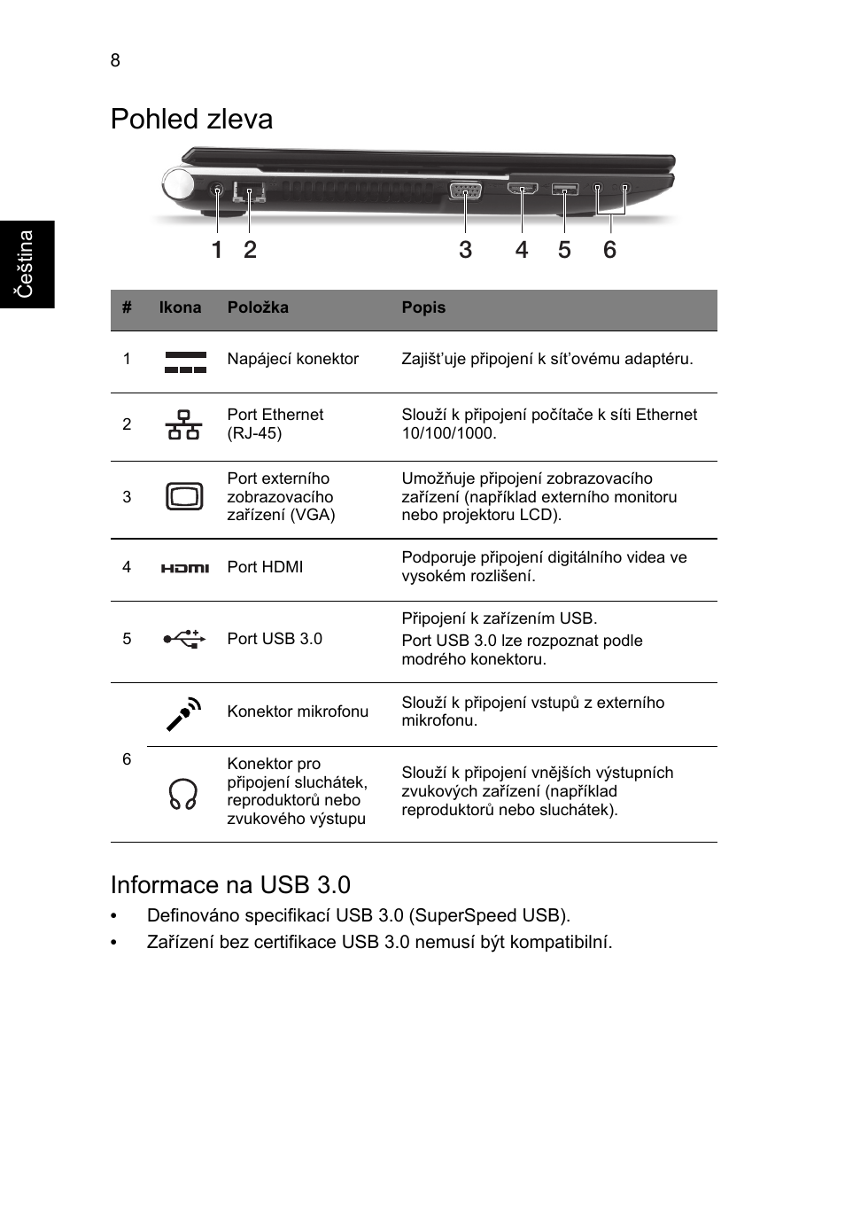 Pohled zleva, Informace na usb 3.0 | Acer Aspire V3-551G User Manual | Page 154 / 306