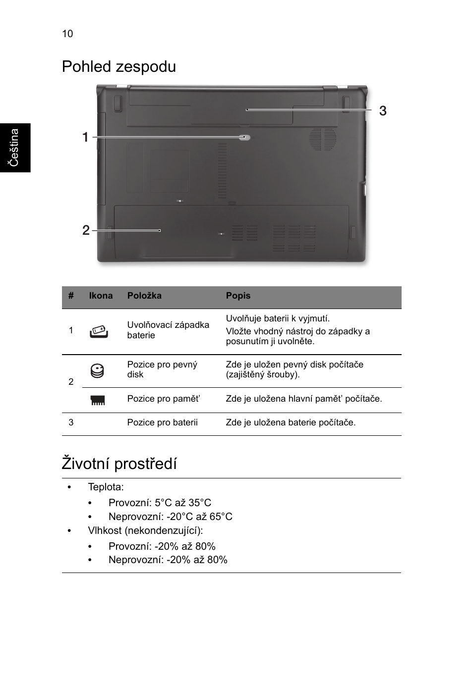 Pohled zespodu, Životní prostředí, Pohled zespodu životní prostředí | Acer Aspire V3-551G User Manual | Page 156 / 306