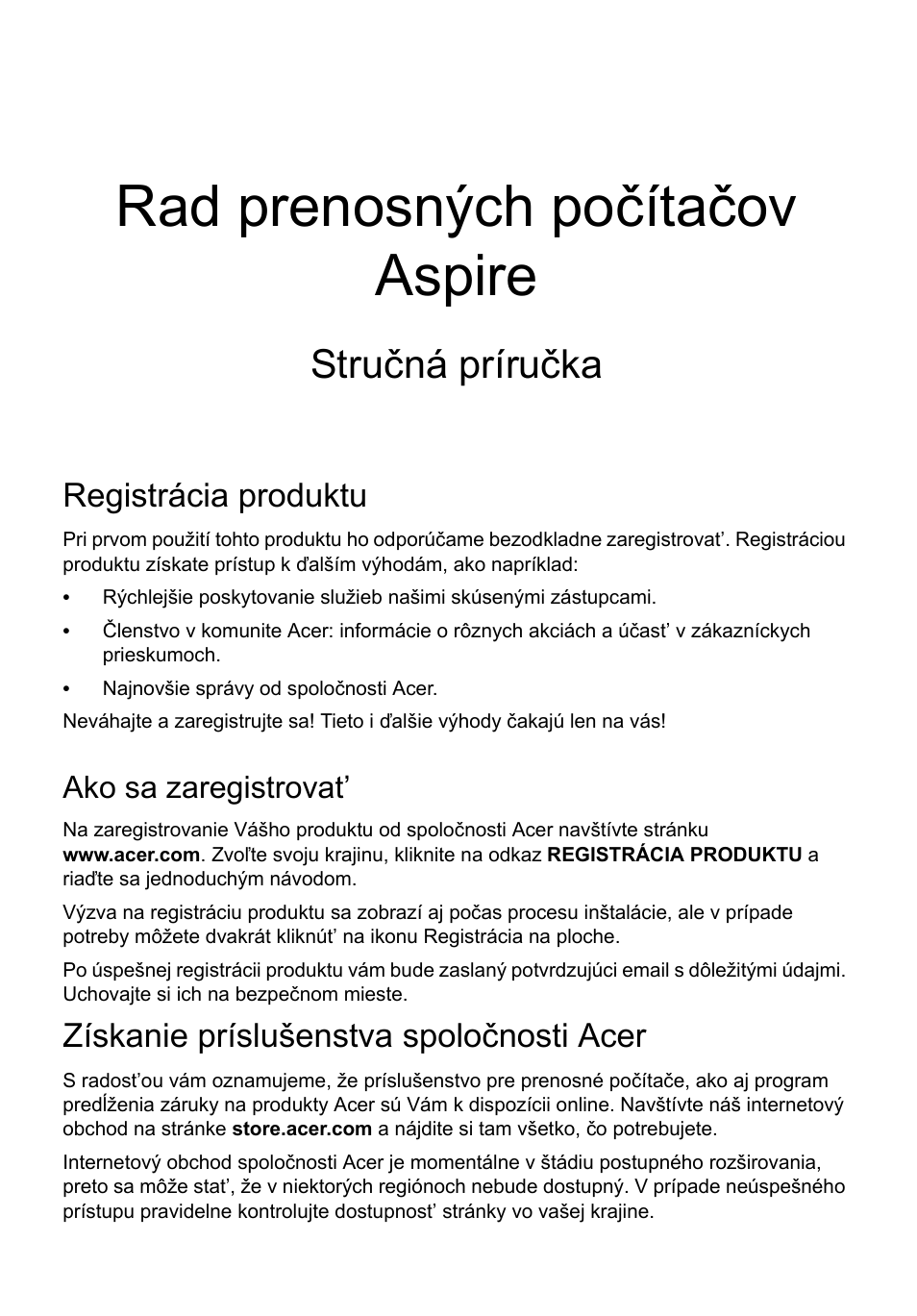 Slovenčina, Registrácia produktu, Ako sa zaregistrovat | Získanie príslušenstva spoločnosti acer, Rad prenosných počítačov aspire, Stručná príručka | Acer Aspire V3-551G User Manual | Page 157 / 306