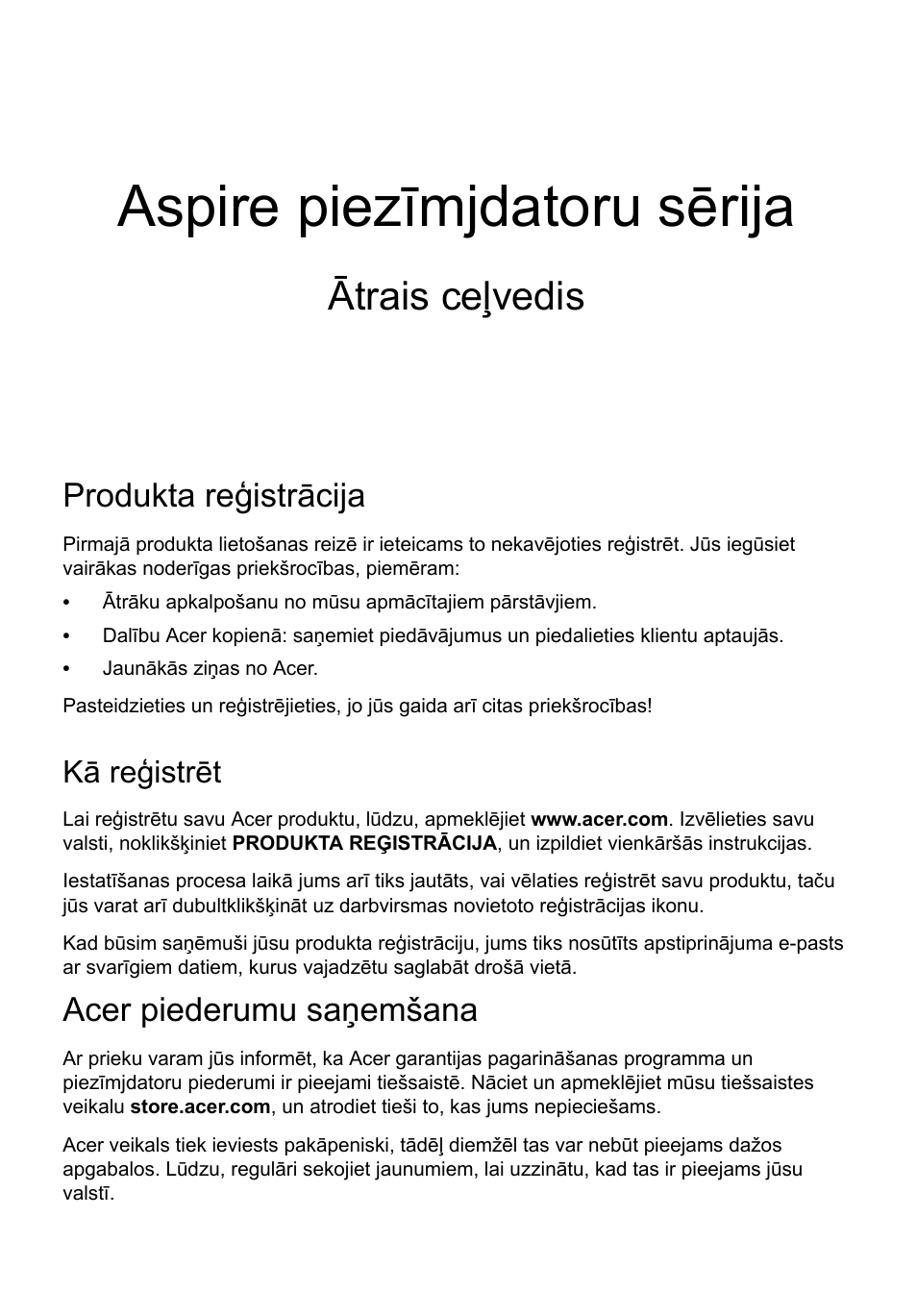 Latviski, Produkta reģistrācija, Kā reģistrēt | Acer piederumu saņemšana, Aspire piezīmjdatoru sērija, Ātrais ceļvedis | Acer Aspire V3-551G User Manual | Page 217 / 306