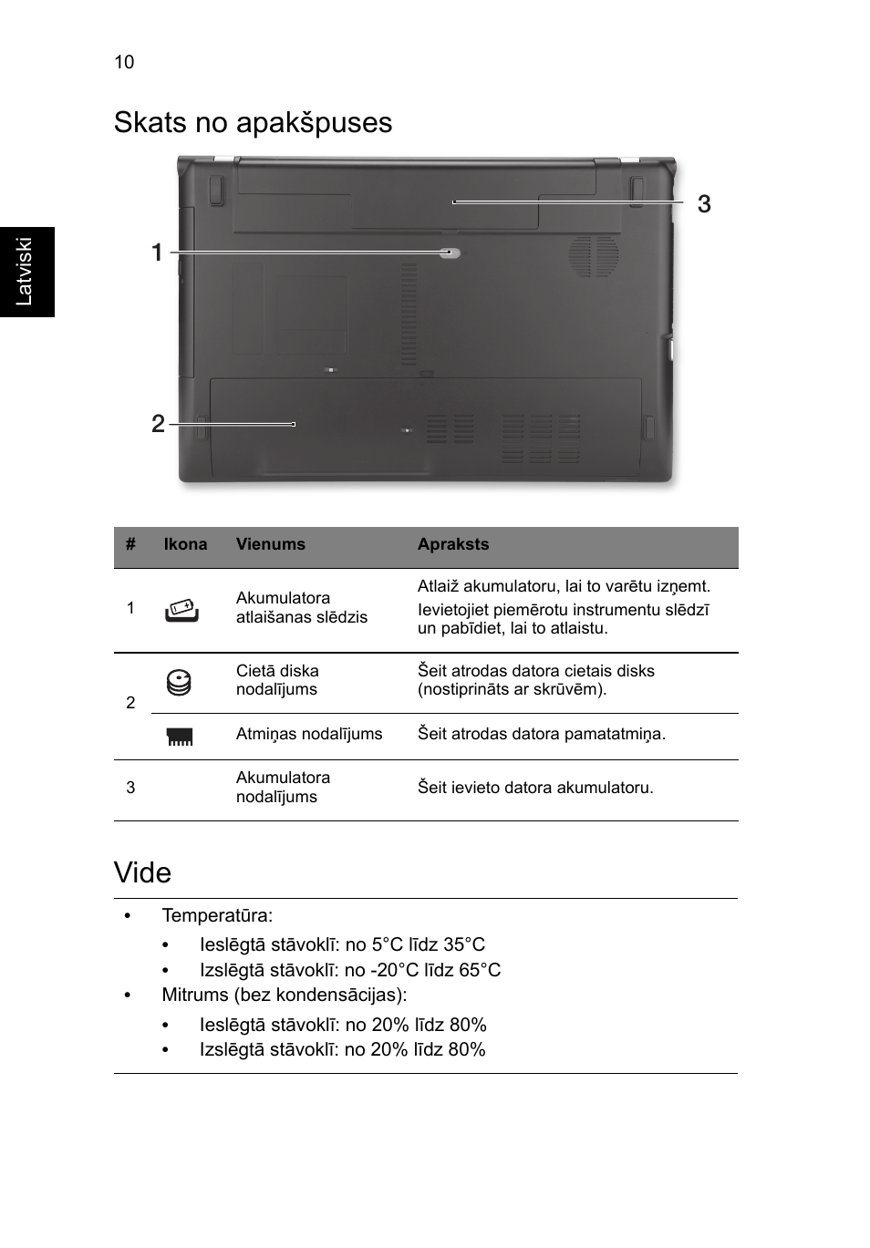 Skats no apakšpuses, Vide, Skats no apakšpuses vide | Acer Aspire V3-551G User Manual | Page 226 / 306
