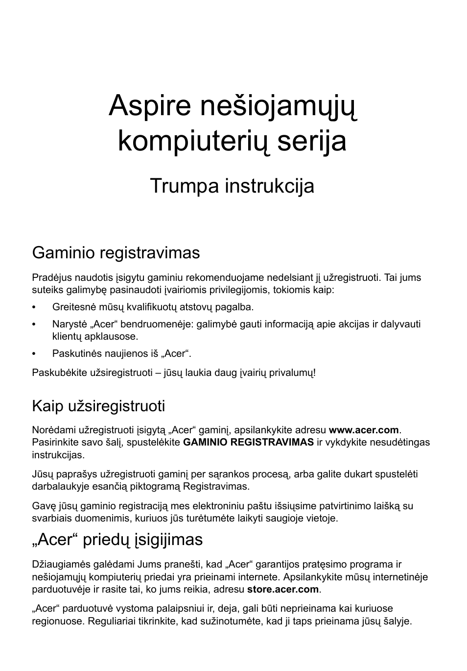 Lietuviškai, Gaminio registravimas, Kaip užsiregistruoti | Acer“ priedų įsigijimas, Aspire nešiojamųjų kompiuterių serija, Trumpa instrukcija | Acer Aspire V3-551G User Manual | Page 227 / 306