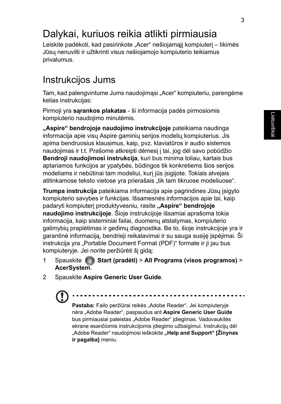 Dalykai, kuriuos reikia atlikti pirmiausia, Instrukcijos jums | Acer Aspire V3-551G User Manual | Page 229 / 306