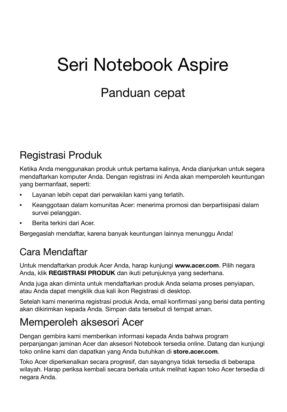 Bahasa indonesia, Registrasi produk, Cara mendaftar | Memperoleh aksesori acer, Panduan cepat | Acer Aspire V3-551G User Manual | Page 287 / 306