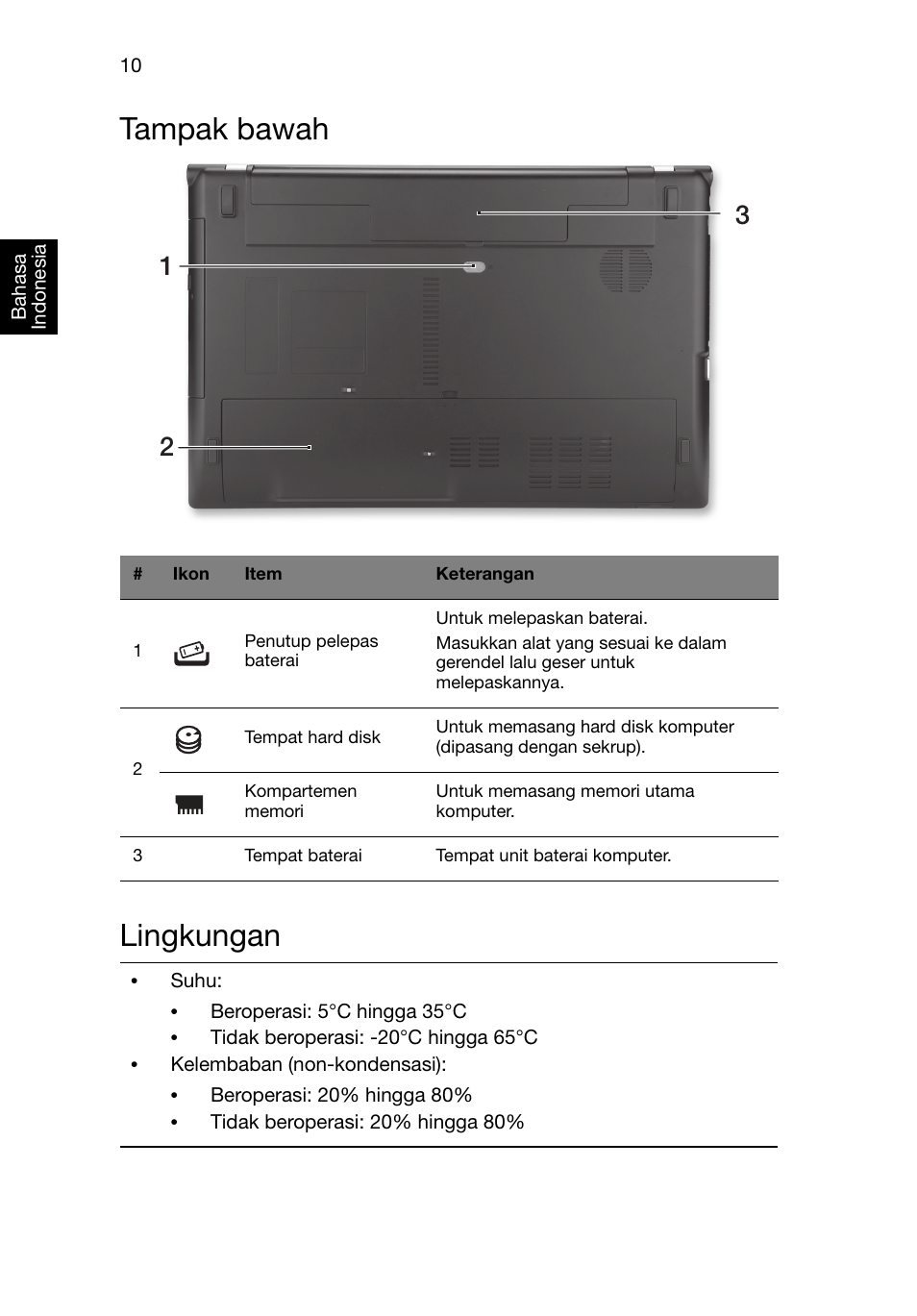 Tampak bawah, Lingkungan, Tampak bawah lingkungan | Acer Aspire V3-551G User Manual | Page 296 / 306