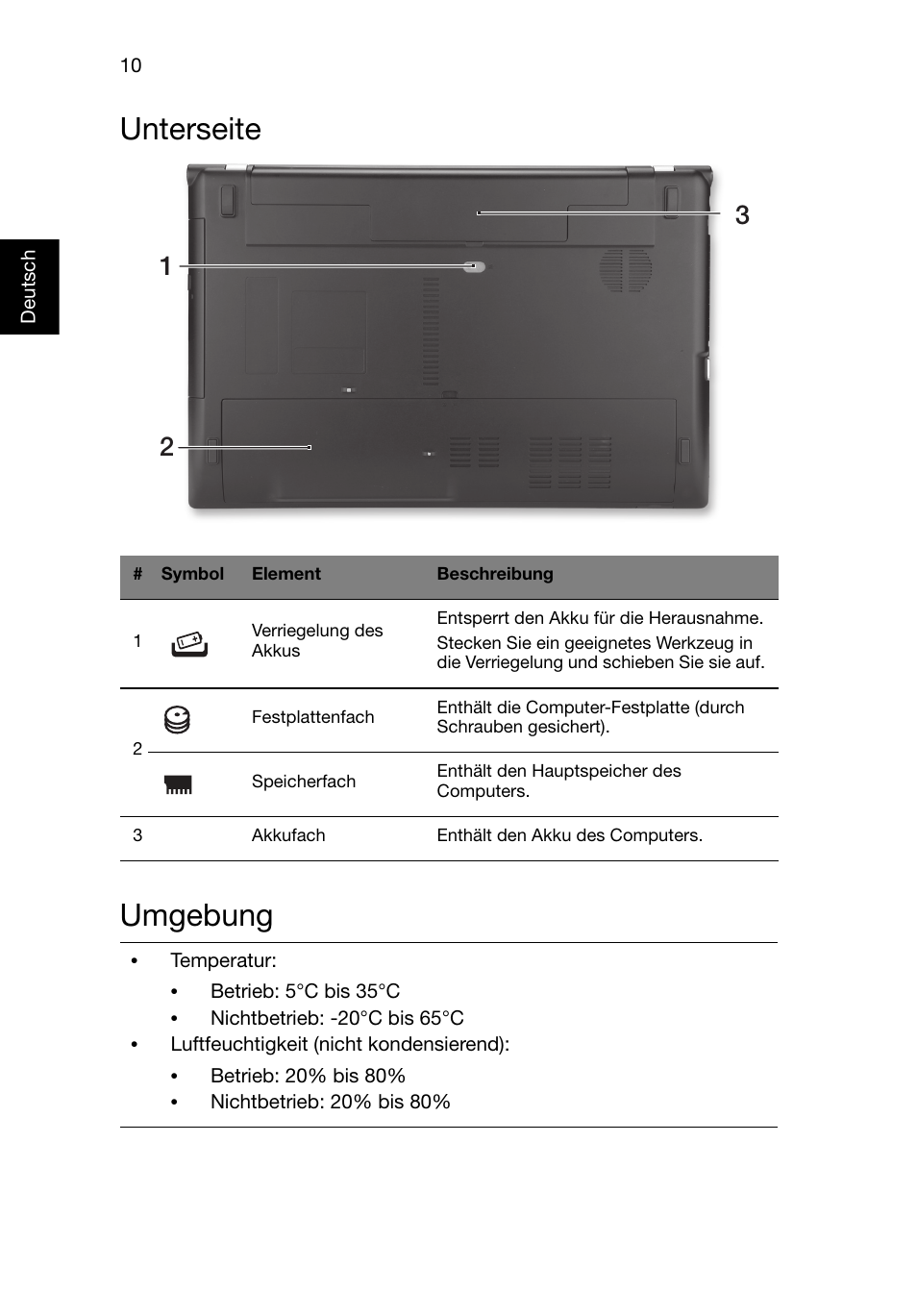 Unterseite, Umgebung, Unterseite umgebung | Acer Aspire V3-551G User Manual | Page 32 / 306