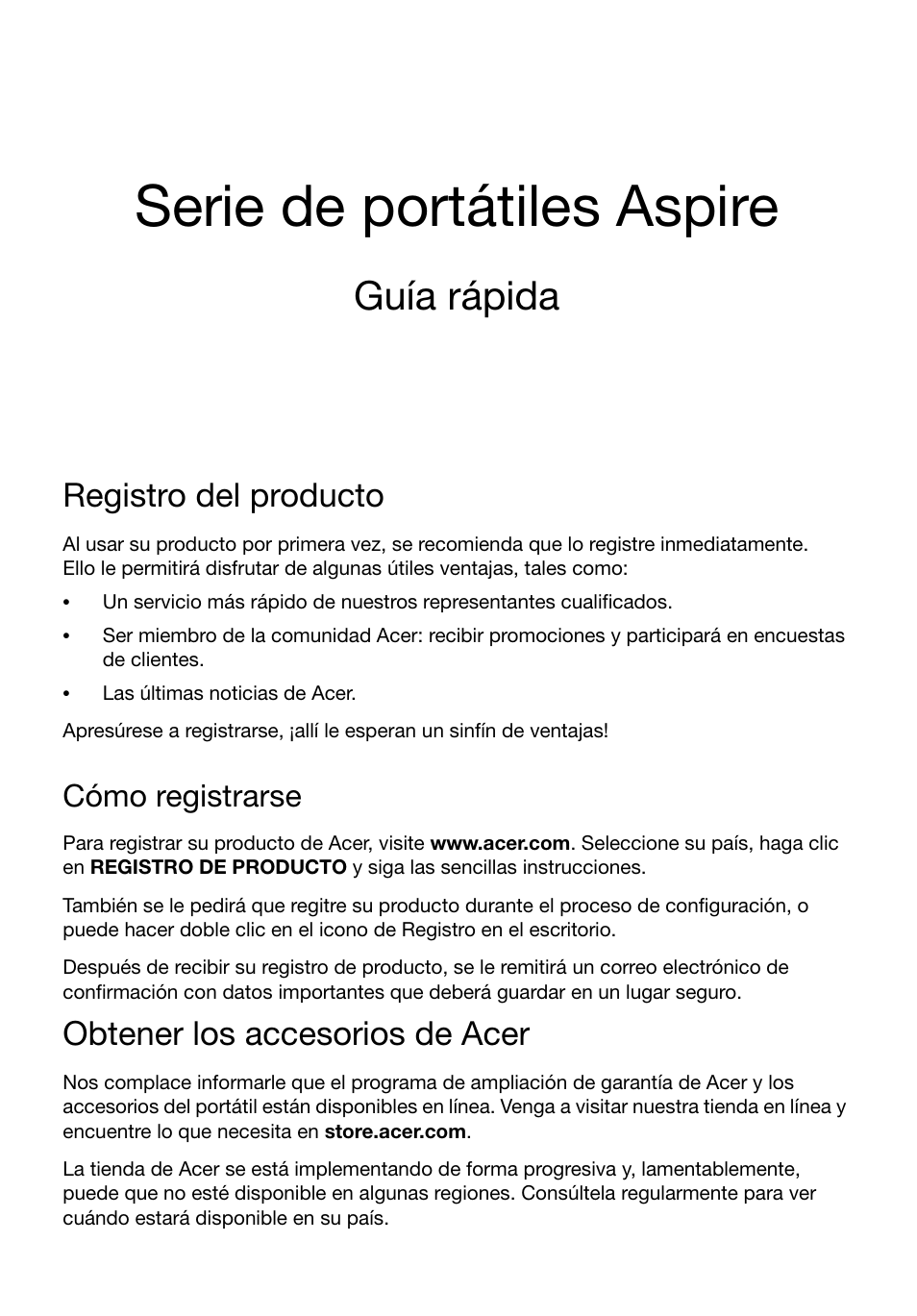 Español, Registro del producto, Cómo registrarse | Obtener los accesorios de acer, Serie de portátiles aspire, Guía rápida | Acer Aspire V3-551G User Manual | Page 43 / 306