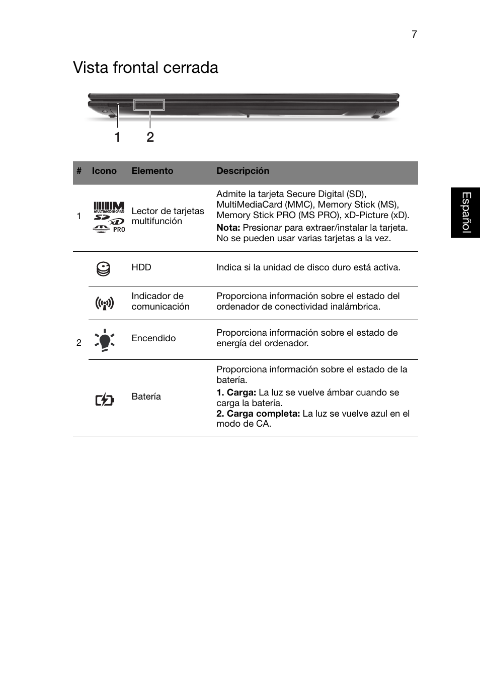 Vista frontal cerrada | Acer Aspire V3-551G User Manual | Page 49 / 306