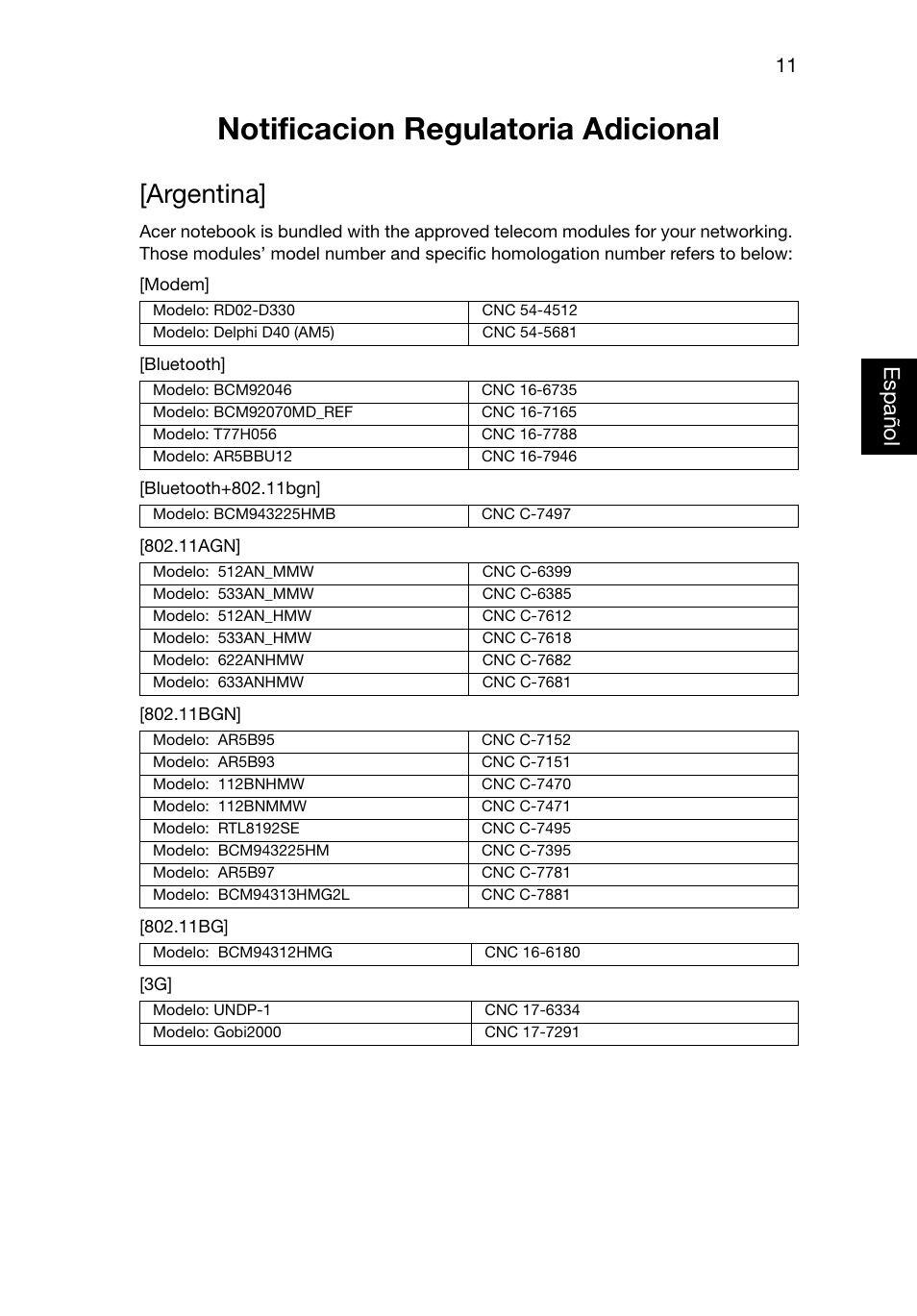 Notificacion regulatoria adicional, Argentina | Acer Aspire V3-551G User Manual | Page 53 / 306