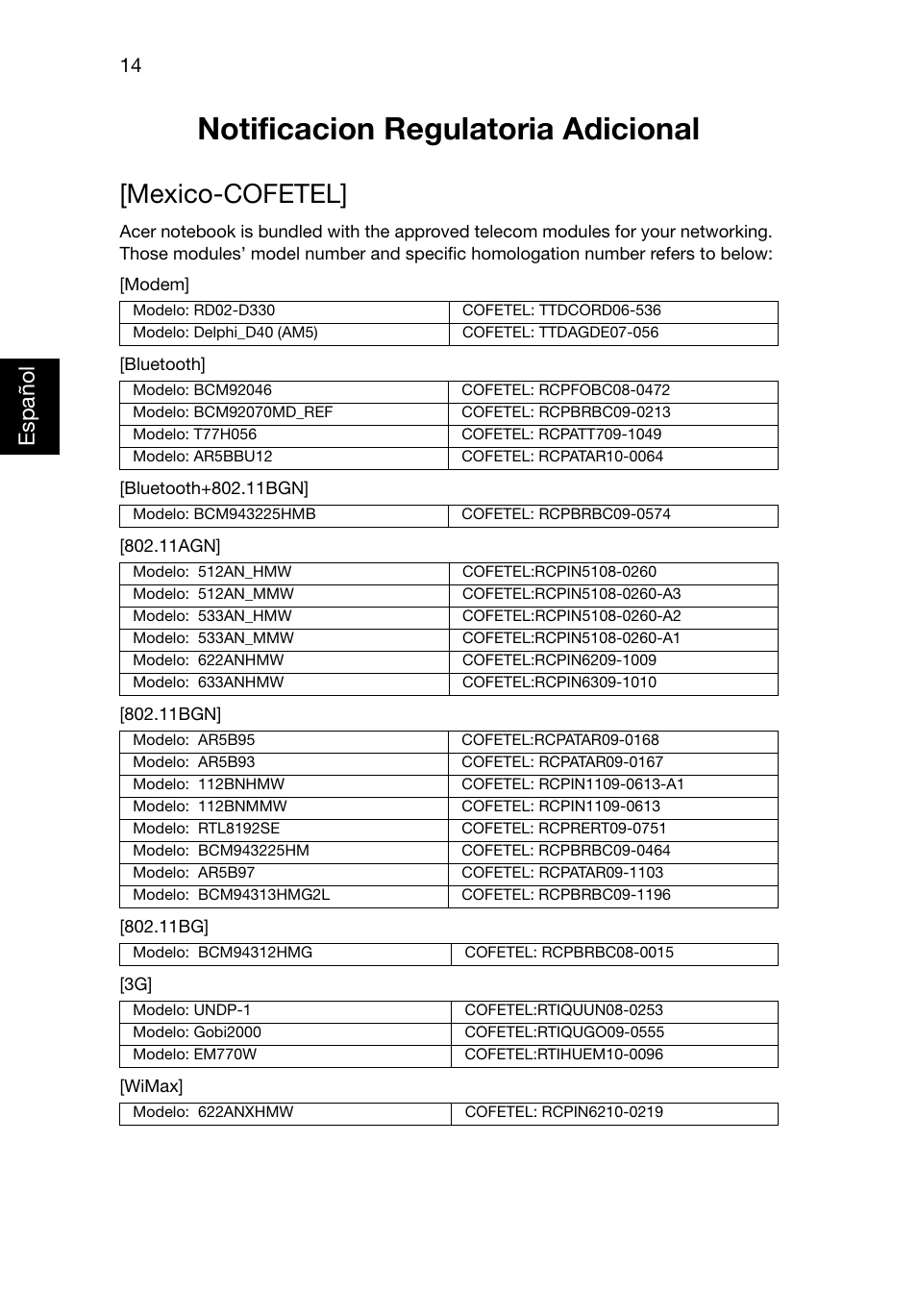 Notificacion regulatoria adicional, Mexico-cofetel, Español | Acer Aspire V3-551G User Manual | Page 56 / 306