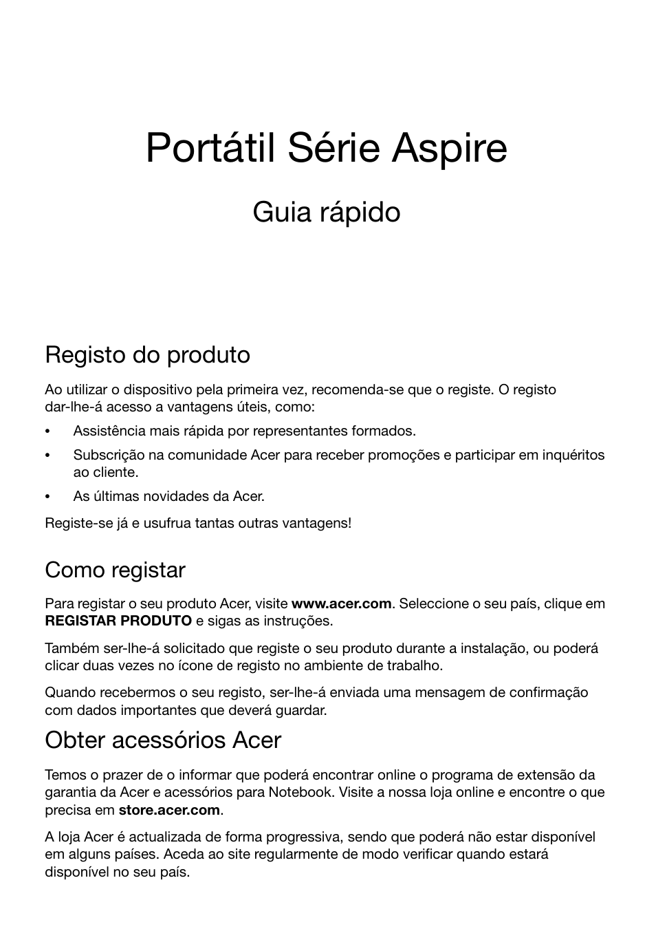Português, Registo do produto, Como registar | Obter acessórios acer, Portátil série aspire, Guia rápido | Acer Aspire V3-551G User Manual | Page 57 / 306