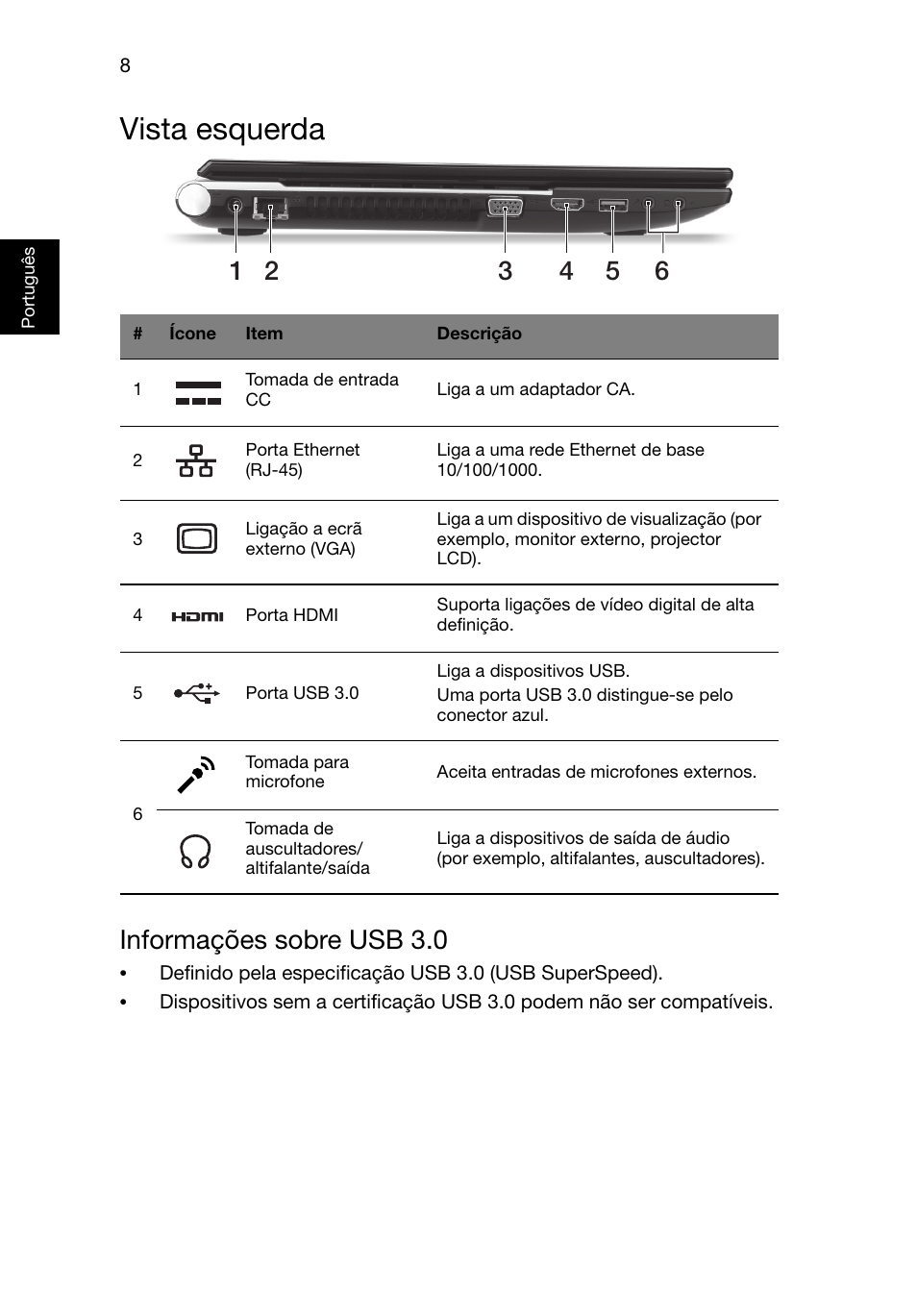 Vista esquerda, Informações sobre usb 3.0 | Acer Aspire V3-551G User Manual | Page 64 / 306