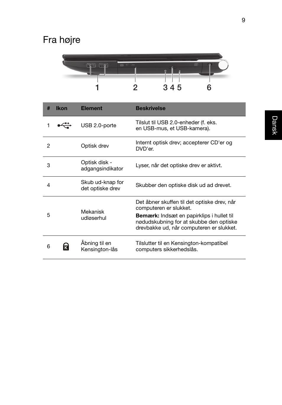 Fra højre | Acer Aspire V3-551G User Manual | Page 95 / 306