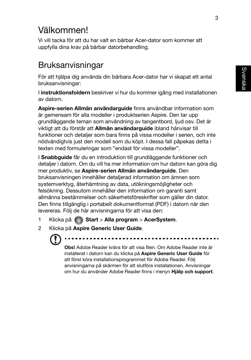 Välkommen, Bruksanvisningar | Acer Aspire V3-551G User Manual | Page 99 / 306