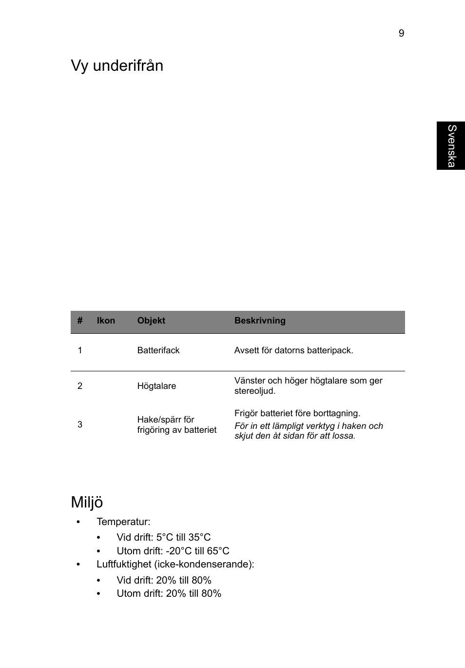 Vy underifrån, Miljö, Vy underifrån miljö | Acer AO756 User Manual | Page 101 / 282