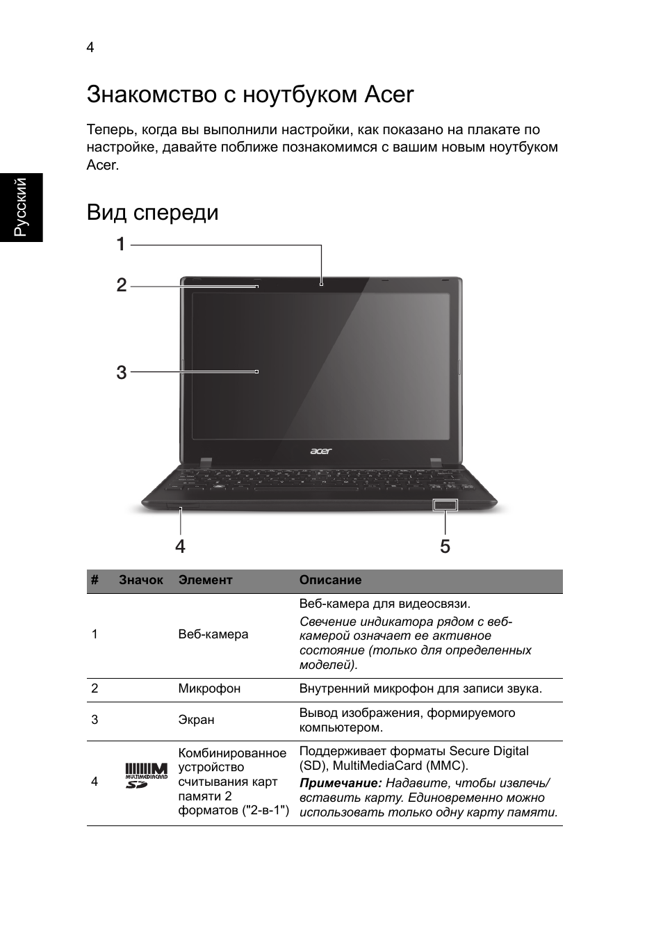 Знакомство с ноутбуком acer, Вид спереди | Acer AO756 User Manual | Page 116 / 282