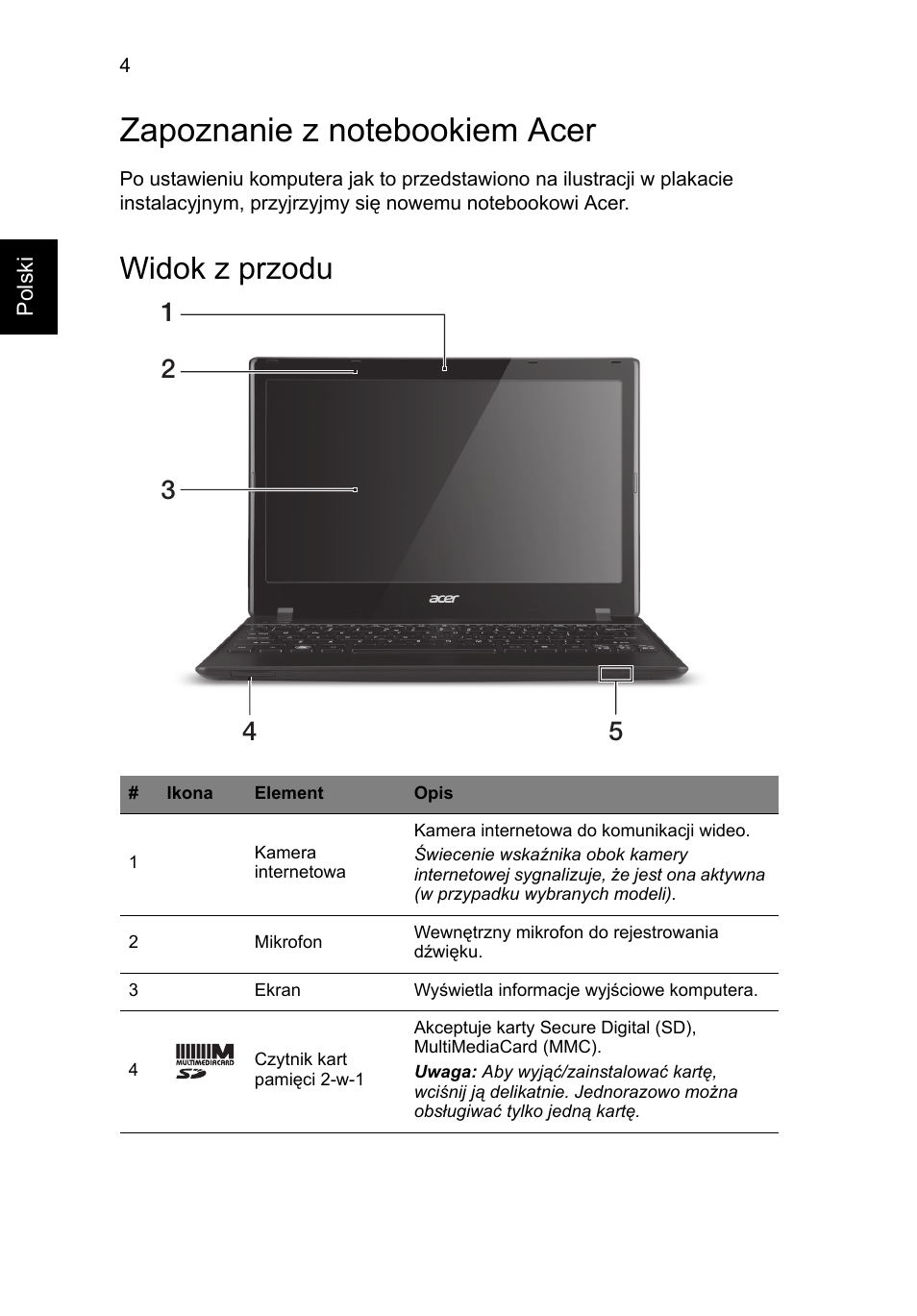 Zapoznanie z notebookiem acer, Widok z przodu | Acer AO756 User Manual | Page 126 / 282