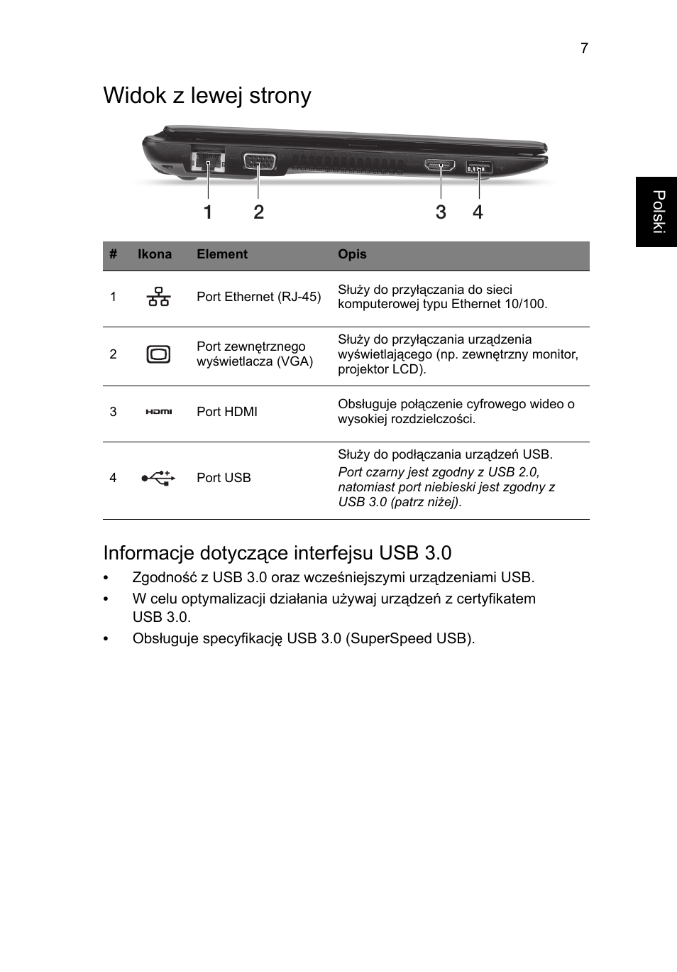 Widok z lewej strony, Informacje dotyczące interfejsu usb 3.0 | Acer AO756 User Manual | Page 129 / 282