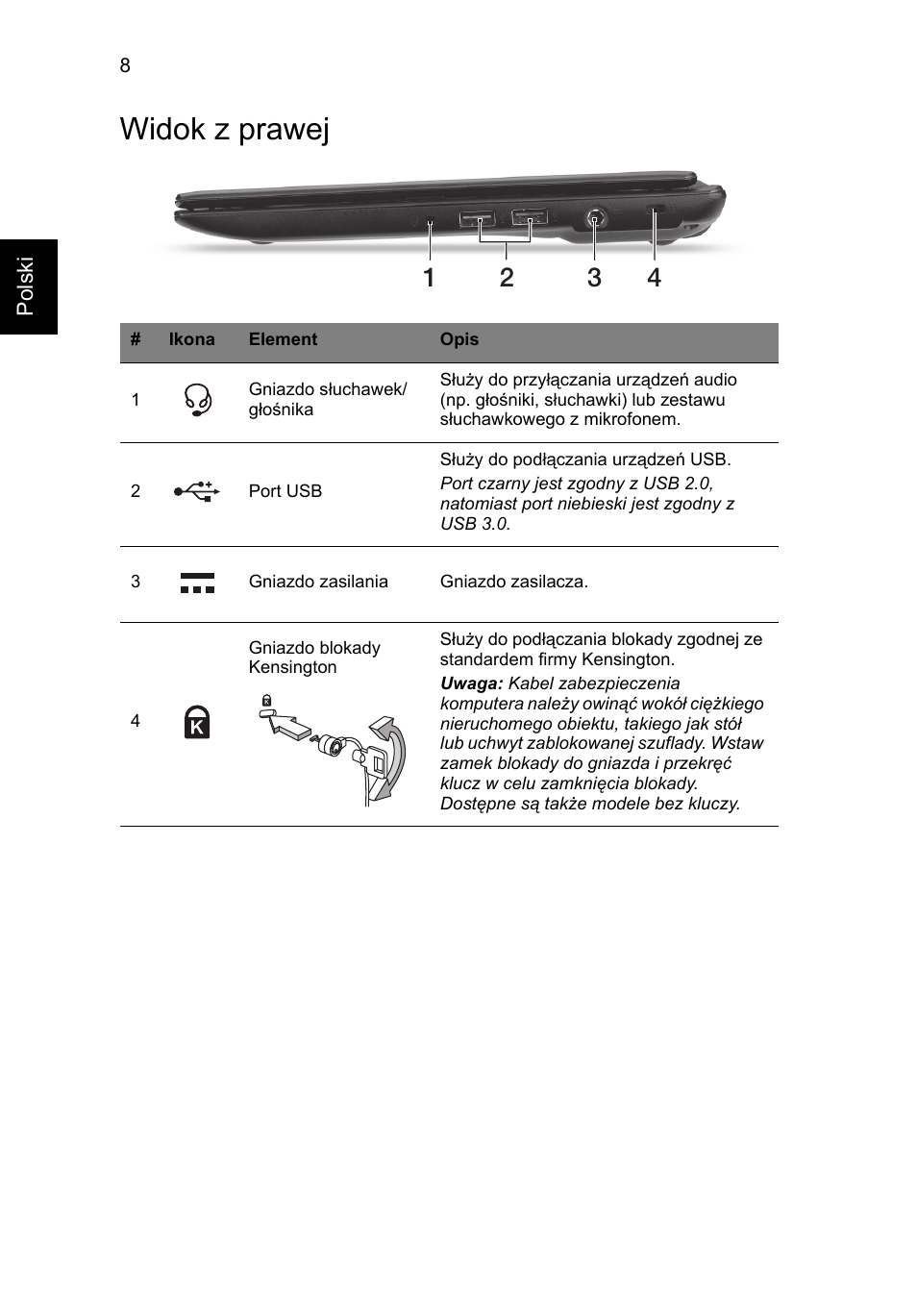 Widok z prawej | Acer AO756 User Manual | Page 130 / 282